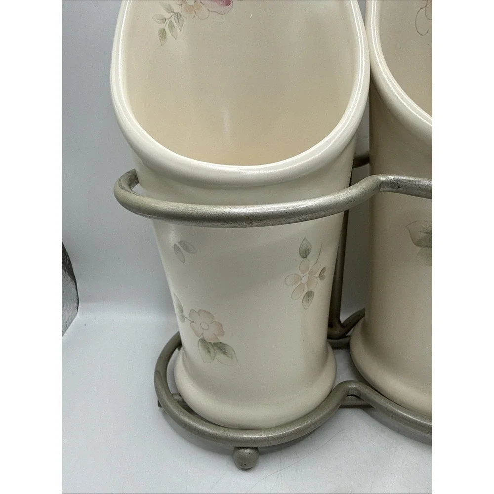Pfaltzgraff TEA ROSE Flatware Caddy Silverware Utensil Holder With Stand.